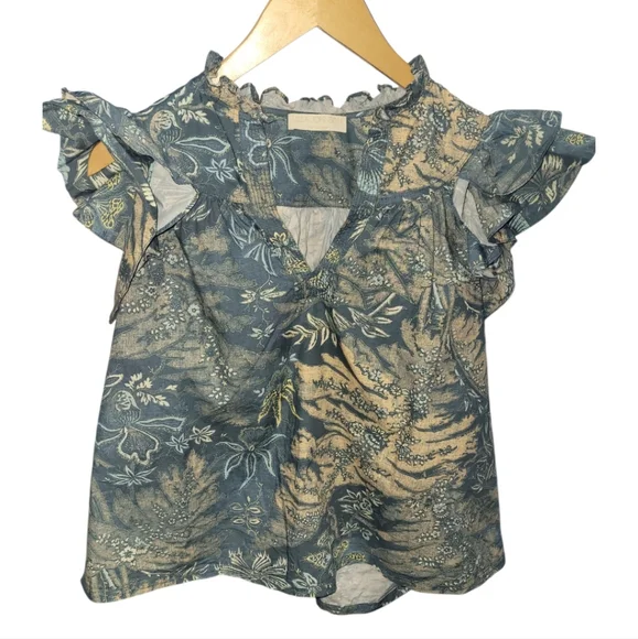 Ulla Johnson Lei Floral Ruffle Sleeve Blue Top - 00 - Picture 2 of 3